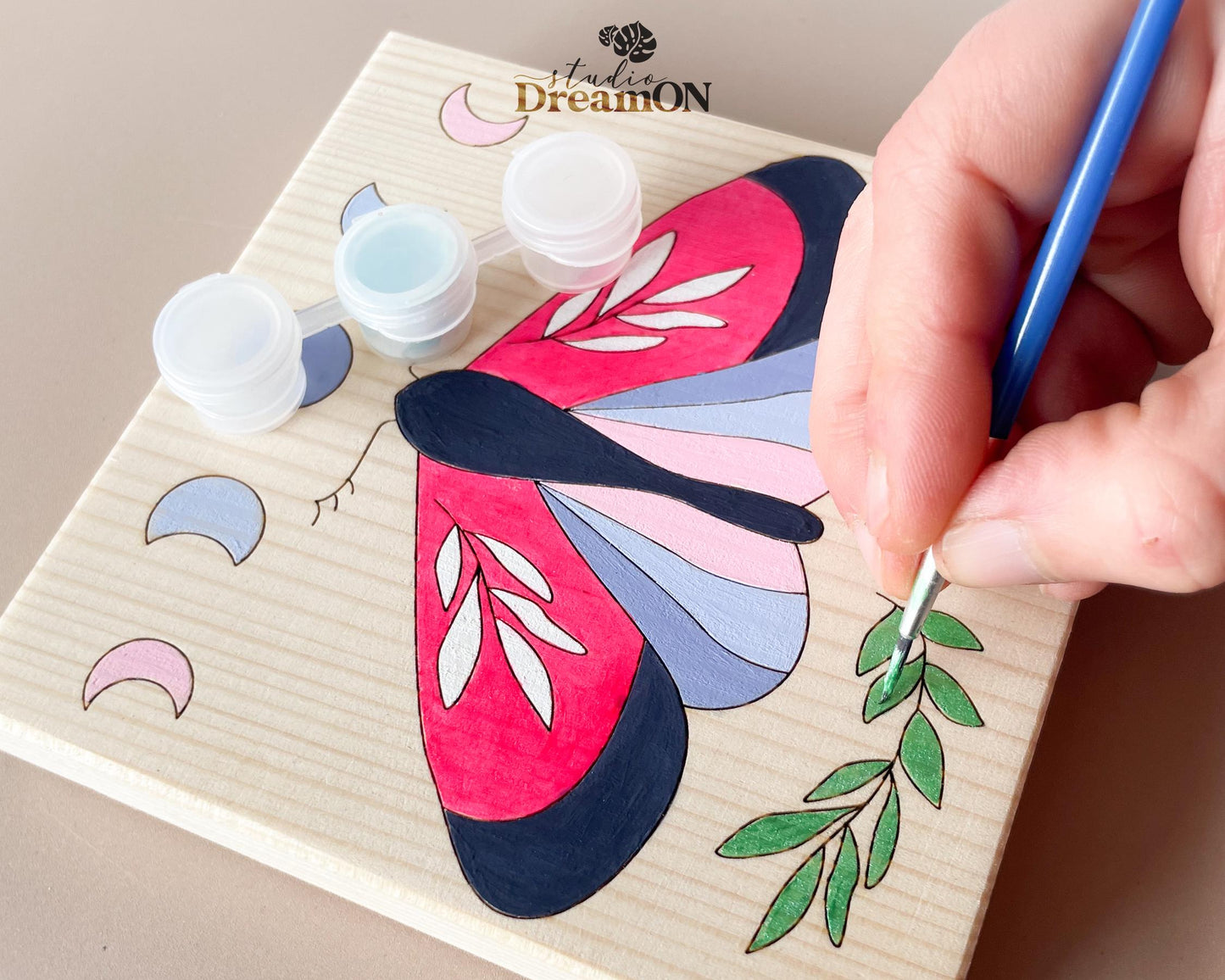 Moth Paint by Number - DIY Wall Art Craft Kit with Moon Phases - Boho Pink Nursery Butterfly Wall Hanging