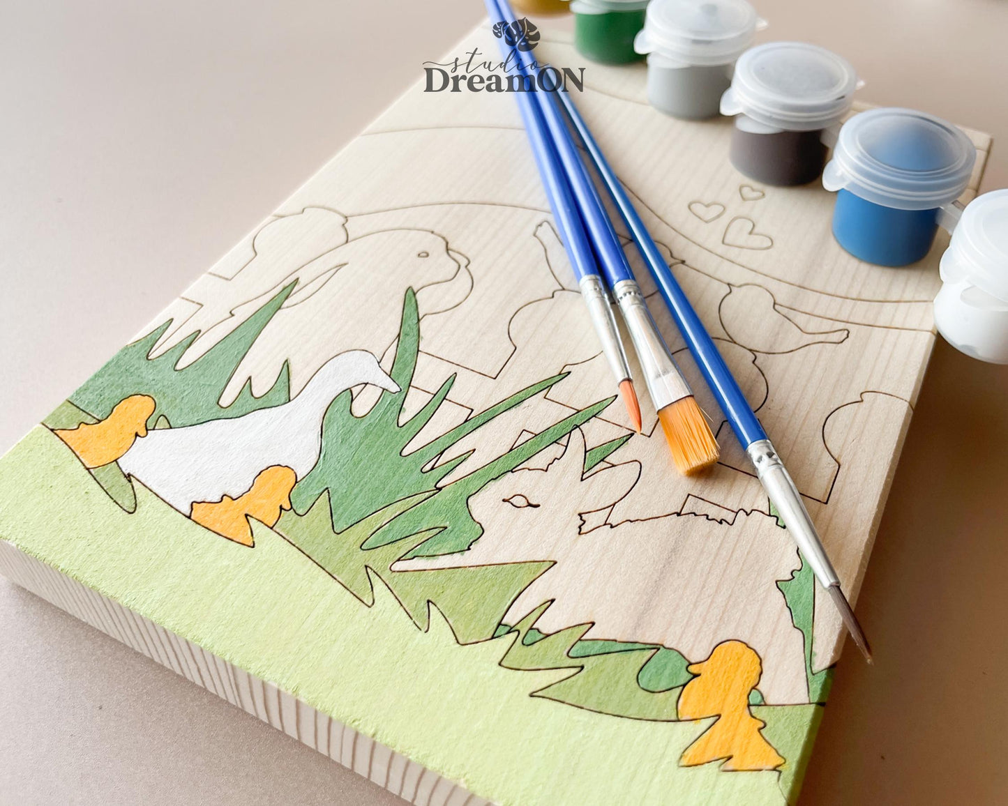 Spring Bunnies Paint by Number Kit - DIY Craft Kit & Whimsical Home Decor - Ducks Wood Wall Hanging