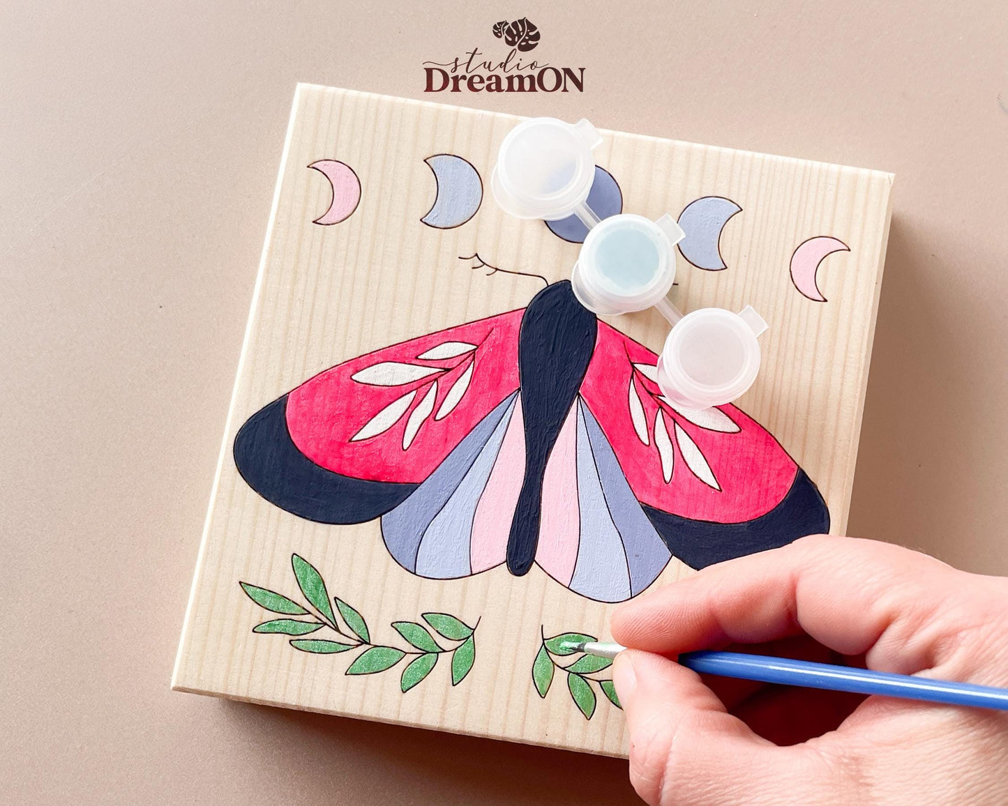 Moth Paint by Number - DIY Wall Art Craft Kit with Moon Phases - Boho Pink Nursery Butterfly Wall Hanging