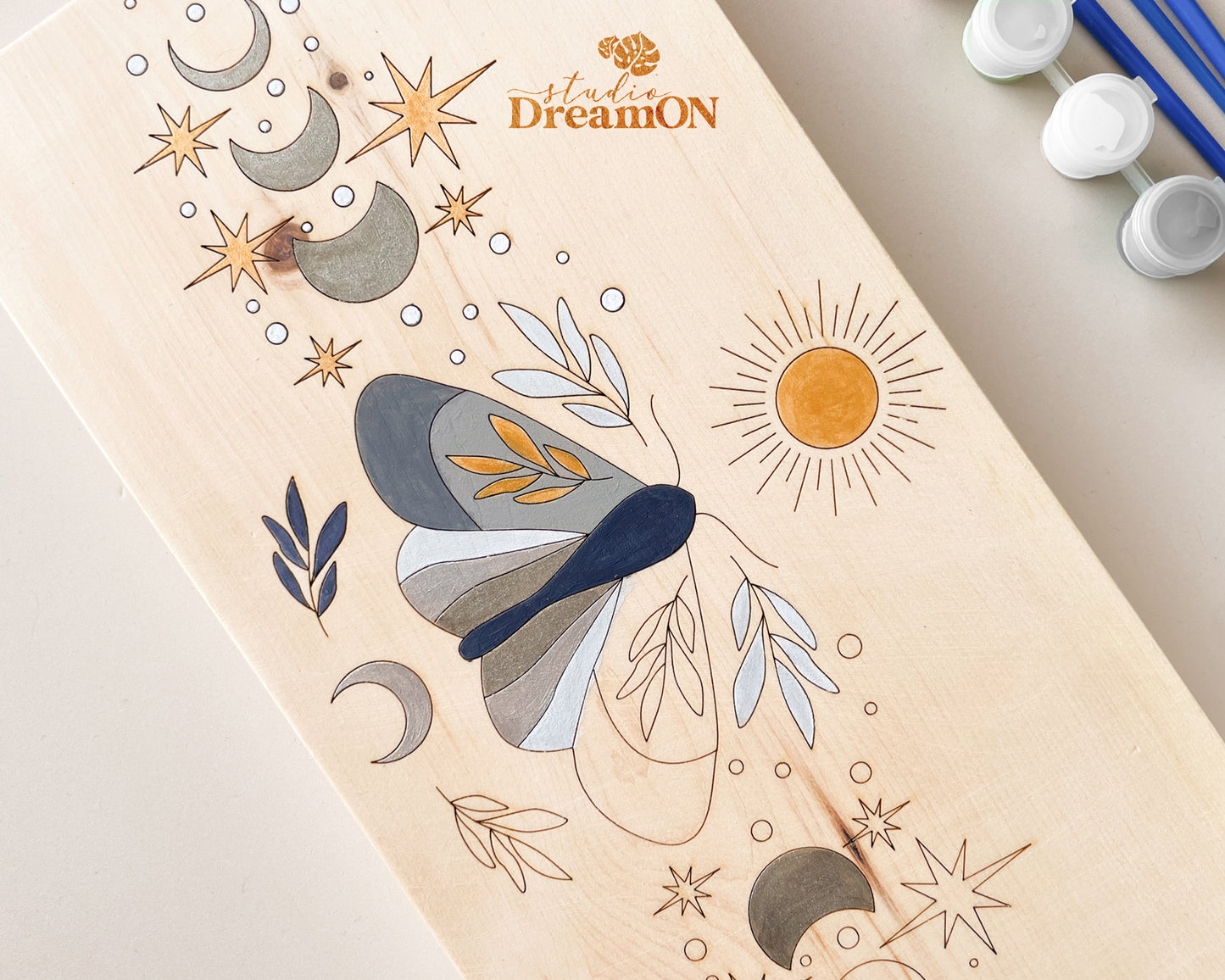 Wood Paint by Number - Paint Your Own Art - DIY Celestial Sun and Moon Moth Craft Kit