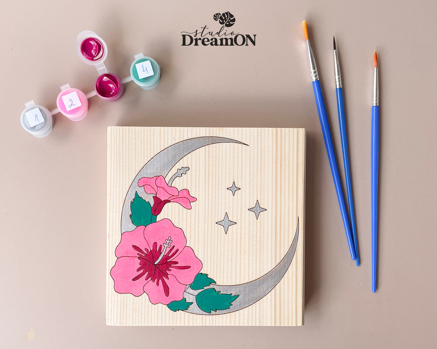 Crescent Moon Paint by Number - DIY Wall Art Craft Kit with Flowers - Celestial Pink Nursery Wall Hanging