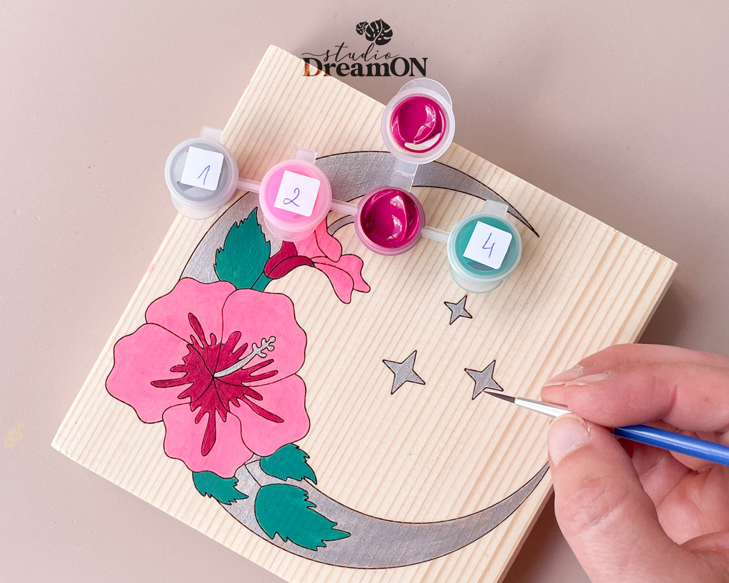 Crescent Moon Paint by Number - DIY Wall Art Craft Kit with Flowers - Celestial Pink Nursery Wall Hanging