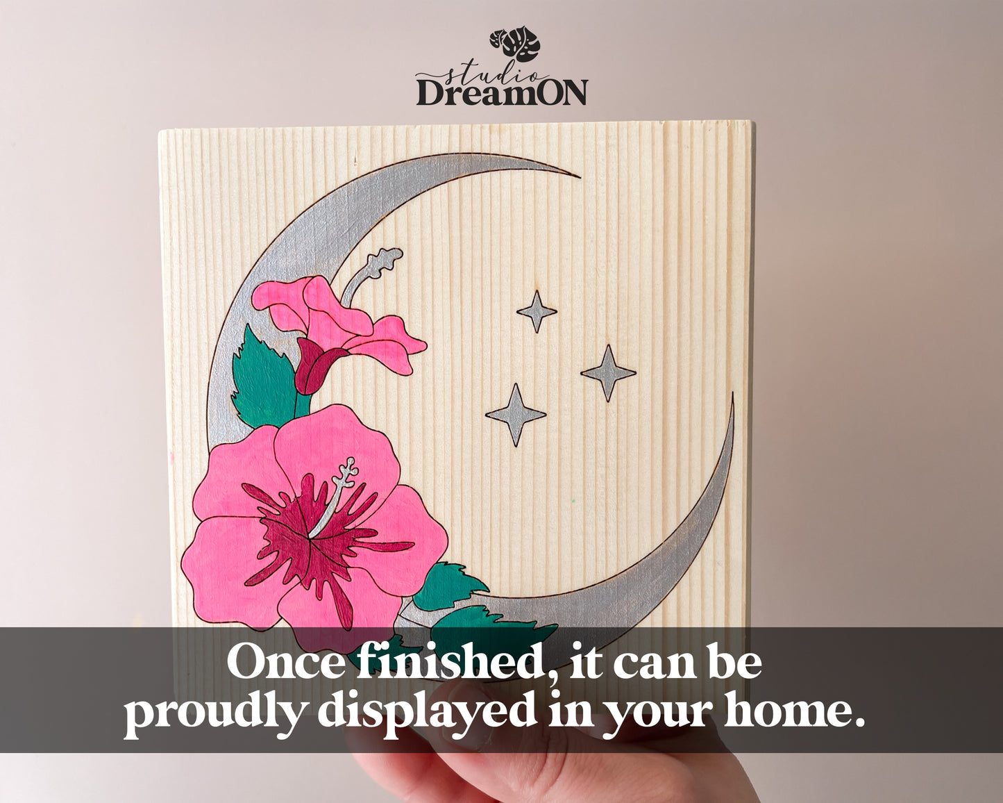 Crescent Moon Paint by Number - DIY Wall Art Craft Kit with Flowers - Celestial Pink Nursery Wall Hanging