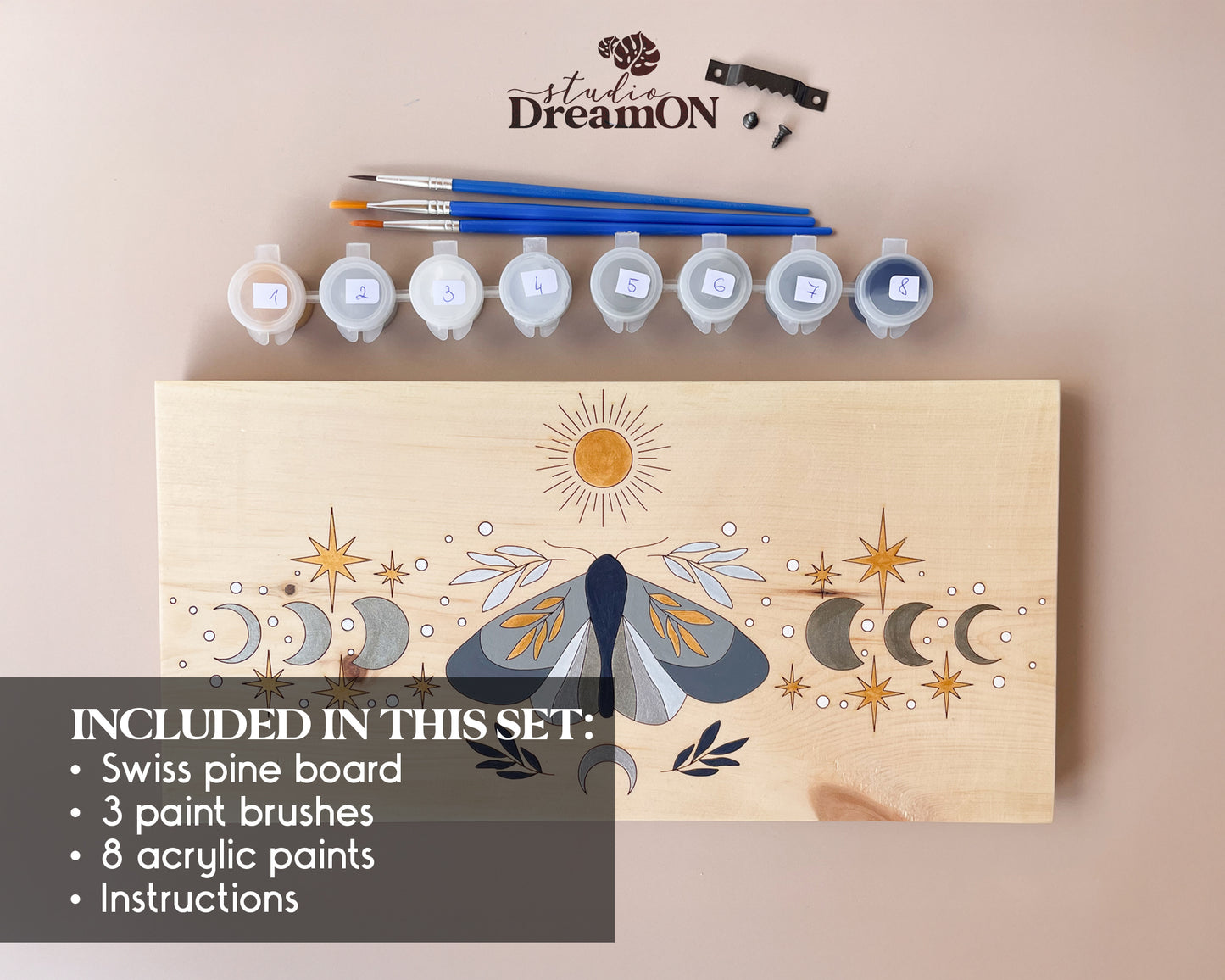 Wood Paint by Number - Paint Your Own Art - DIY Celestial Sun and Moon Moth Craft Kit