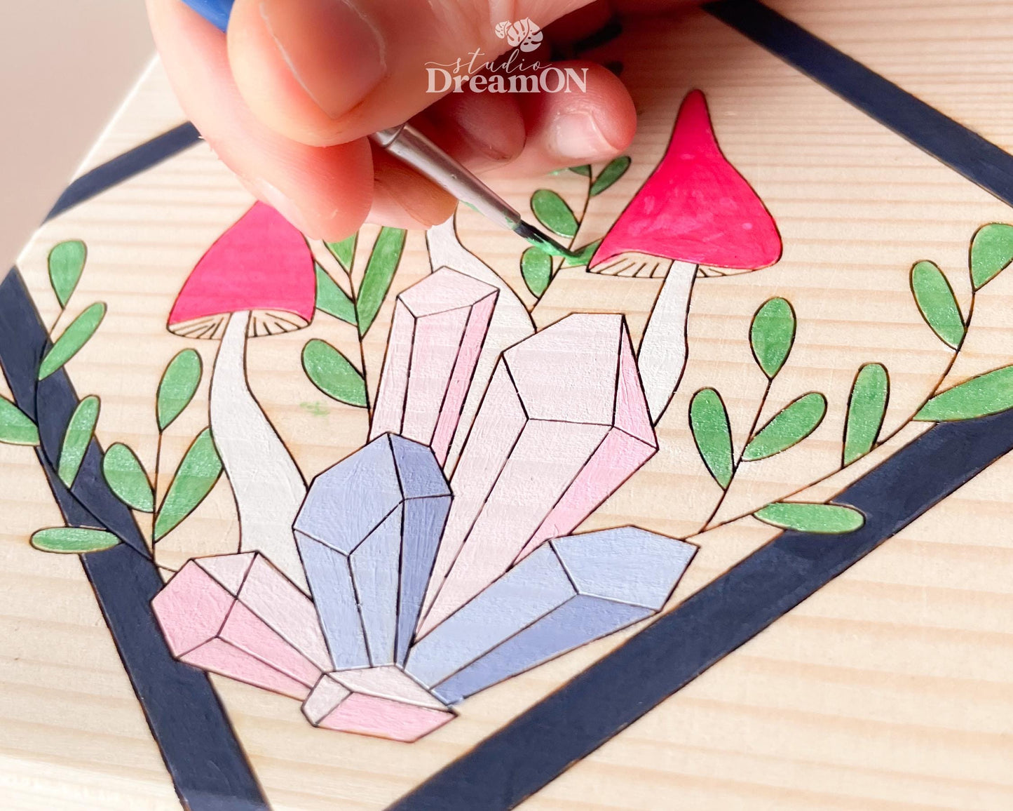 Magic Mushrooms Paint by Number Kit - DIY Wall Art Craft Kit with Crystals - Boho Pink Wall Hanging
