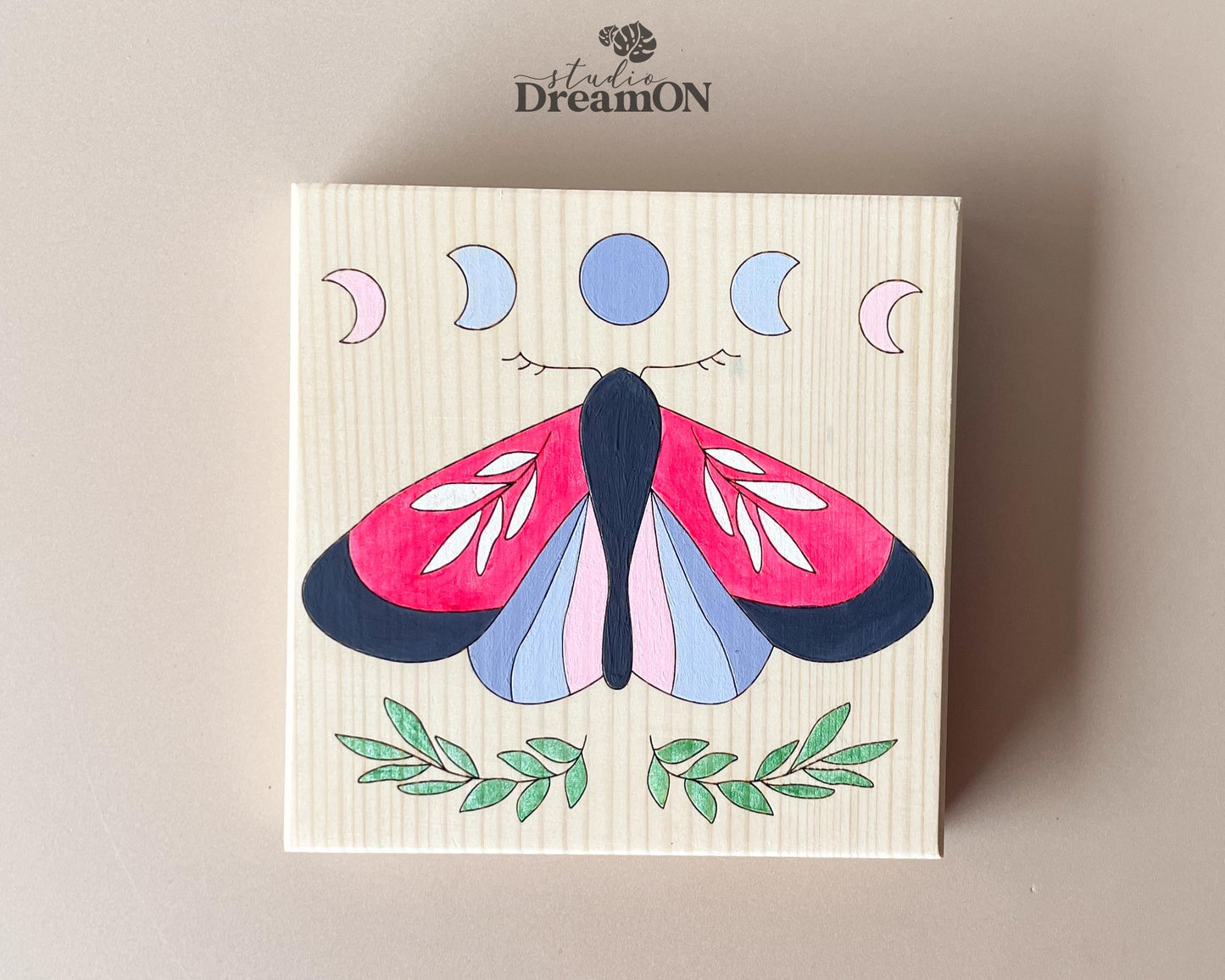 Moth Paint by Number - DIY Wall Art Craft Kit with Moon Phases - Boho Pink Nursery Butterfly Wall Hanging