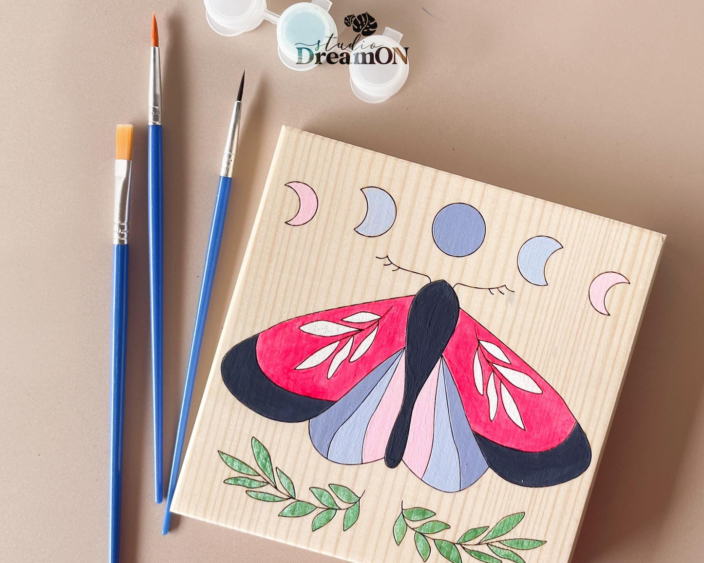 Moth Paint by Number - DIY Wall Art Craft Kit with Moon Phases - Boho Pink Nursery Butterfly Wall Hanging