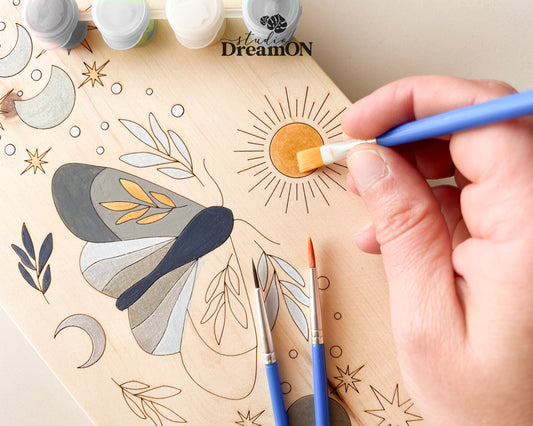 Wood Paint by Number - Paint Your Own Art - DIY Celestial Sun and Moon Moth Craft Kit