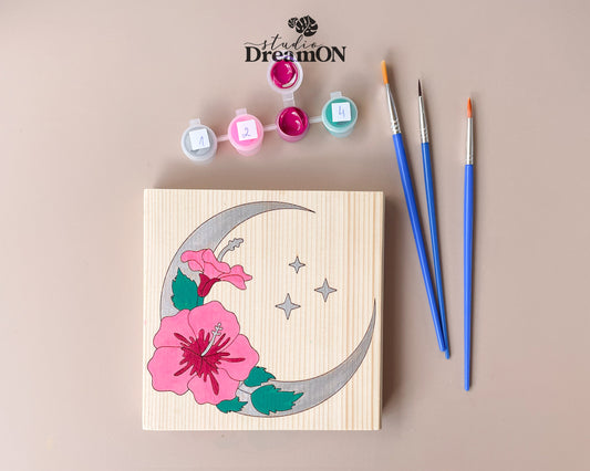 Crescent Moon Paint by Number - DIY Wall Art Craft Kit with Flowers - Celestial Pink Nursery Wall Hanging