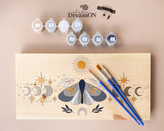 Wood Paint by Number - Paint Your Own Art - DIY Celestial Sun and Moon Moth Craft Kit