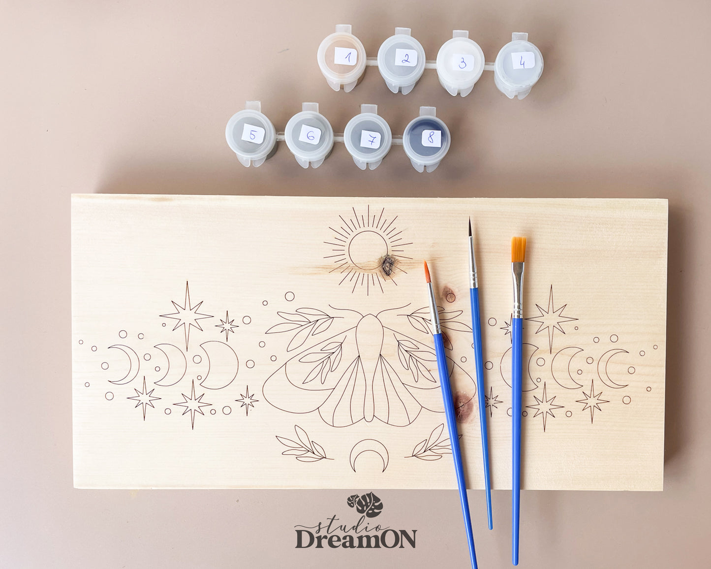 Wood Paint by Number - Paint Your Own Art - DIY Celestial Sun and Moon Moth Craft Kit