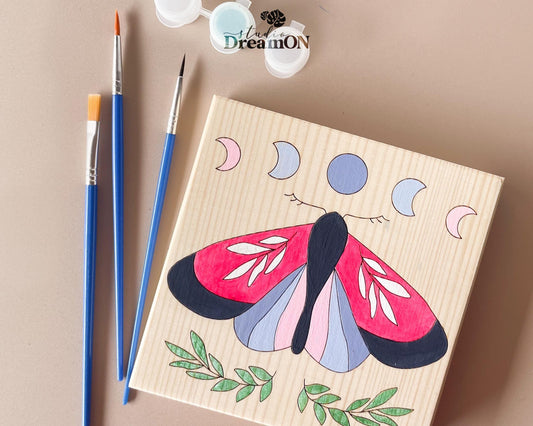 Moth Paint by Number - DIY Wall Art Craft Kit with Moon Phases - Boho Pink Nursery Butterfly Wall Hanging
